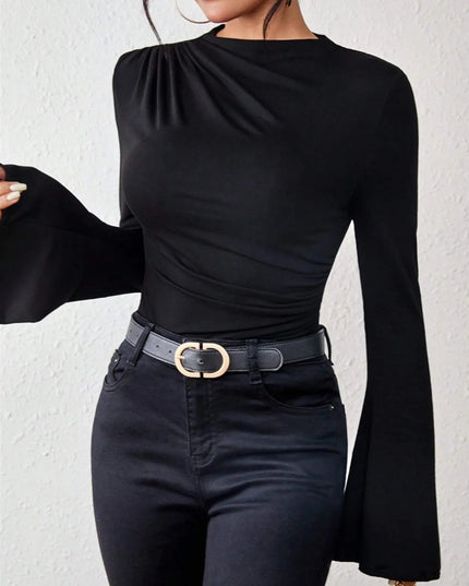Bell Sleeve Ruched Fitted T-Shirt with Mock Neck