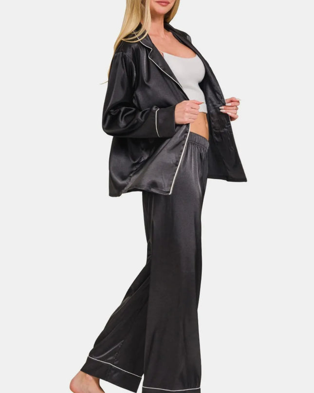 Zenana Satin Long Sleeve Shirt and Pants Pajama Set