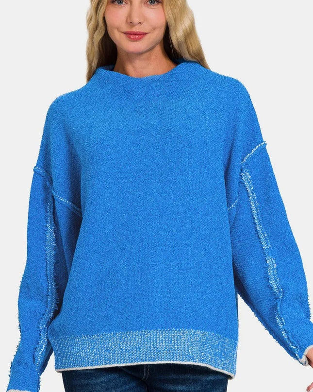 Zenana Exposed Seam Mock Neck Long Sleeve Sweater Ocean Blue