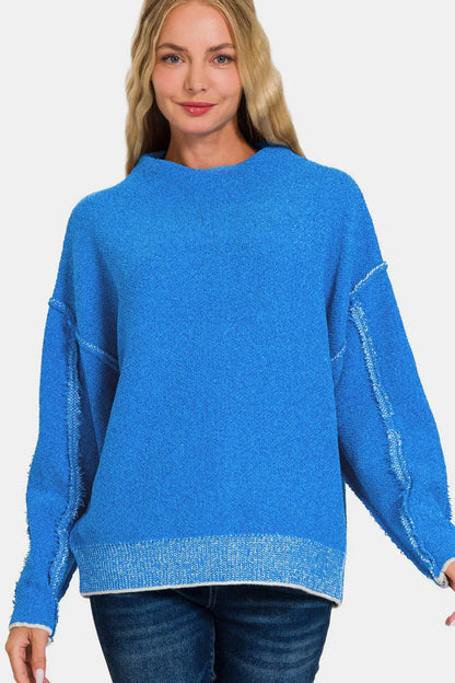 Zenana Exposed Seam Mock Neck Long Sleeve Sweater Ocean Blue