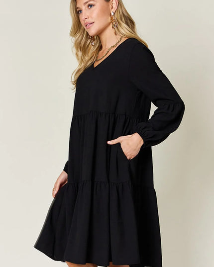 Double Take Full Size V-Neck Balloon Sleeve Tiered Dress with Pockets