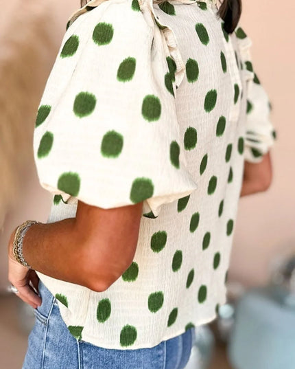 Polka Dot Shirred Yoke Notched Neck Puff Sleeve Blouse