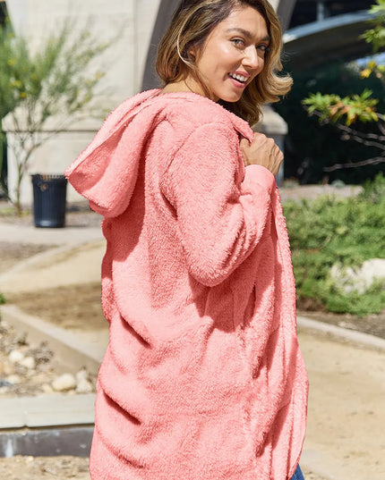 Double Take Full Size Hooded Teddy Bear Jacket with Thumbholes