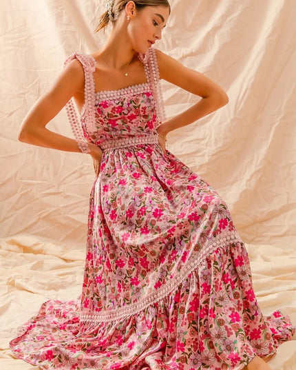SO ME Floral Maxi Dress With Ribbon Tie Lace Strap