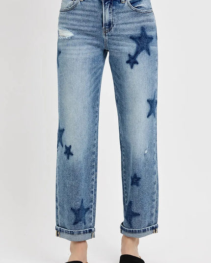 RISEN Full Size Mid Rise Boyfriend Star Shadow Detail Cuffed Jeans Plus Size