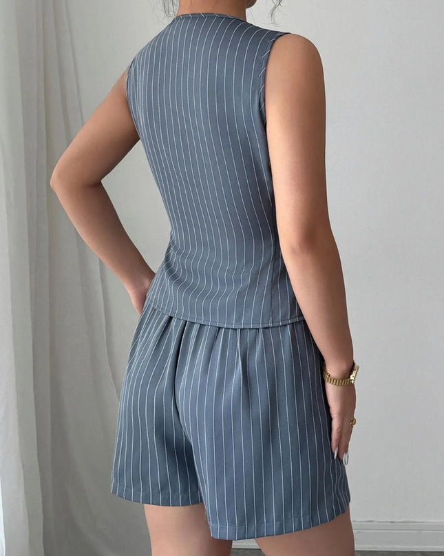 Striped Button Up Vest and Shorts Set
