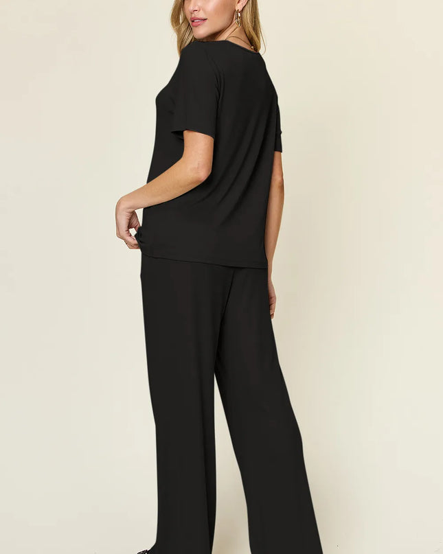 Double Take Full Size Round Neck Short Sleeve T-Shirt and Wide Leg Pants Set