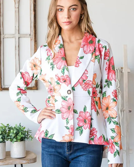 Heimish Full Size Multi Color Floral Blazers with Tunic Plus Size Offwhite Multi