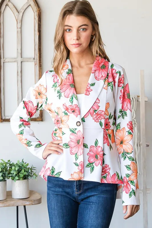 Heimish Full Size Multi Color Floral Blazers with Tunic Plus Size Offwhite Multi