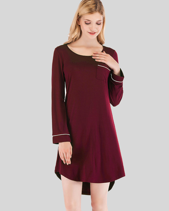 Round Neck Night Dress with Pocket Wine