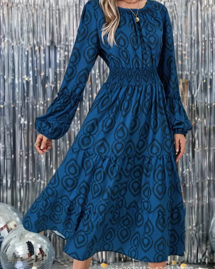 Printed Round Neck Balloon Sleeve Dress Blue