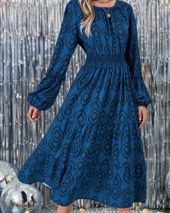 Printed Round Neck Balloon Sleeve Dress Blue