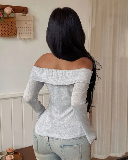 Off-Shoulder Long Sleeve Fitted T-Shirt 