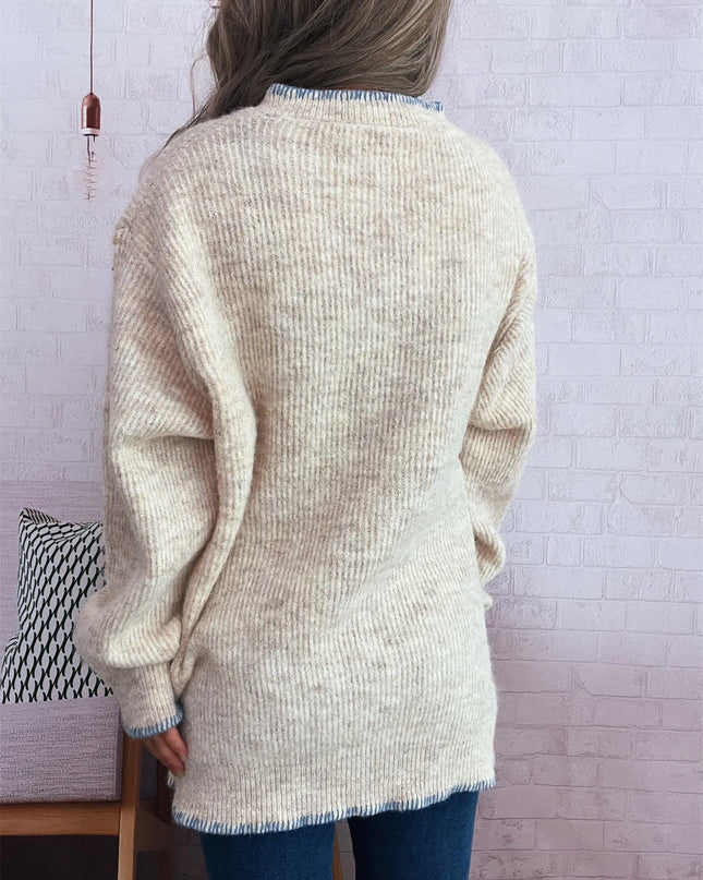 Ribbed Button Detail Long Sleeve Sweater