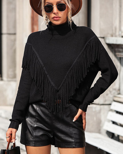 Turtle Neck Tassel Front Long Sleeve Pullover Sweater Black