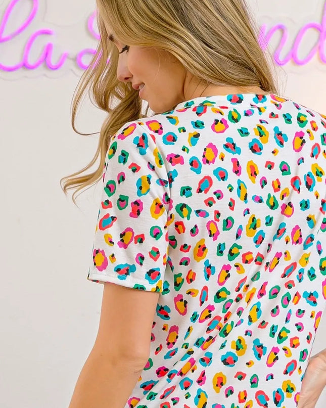 BiBi Multi Color Leopard Jersey Shirred V Neck Top