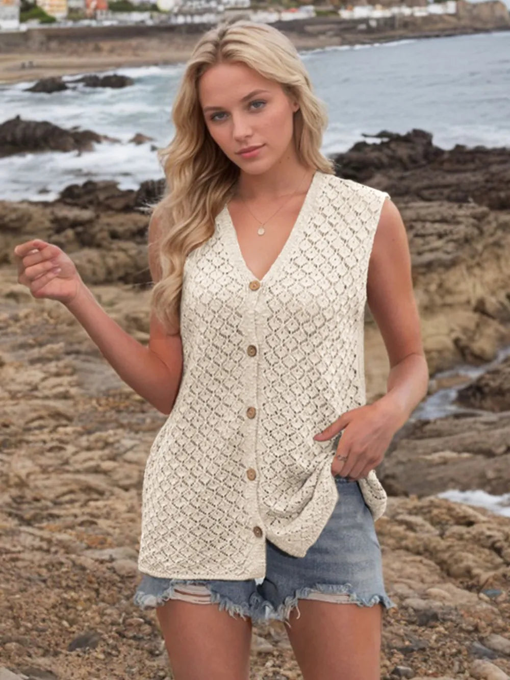 Button Down Eyelet V-Neck Sweater Vest
