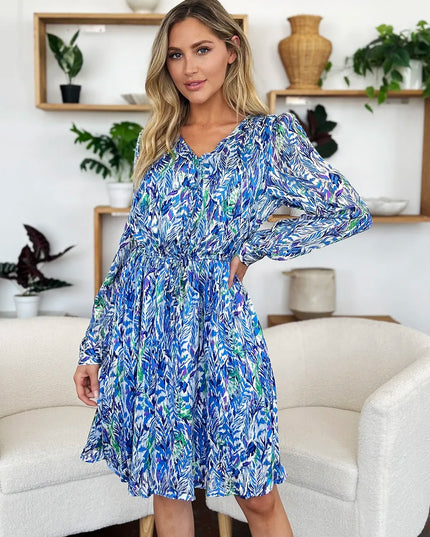 Double Take Full Size Printed Drawstring Waist Long Sleeve Dress