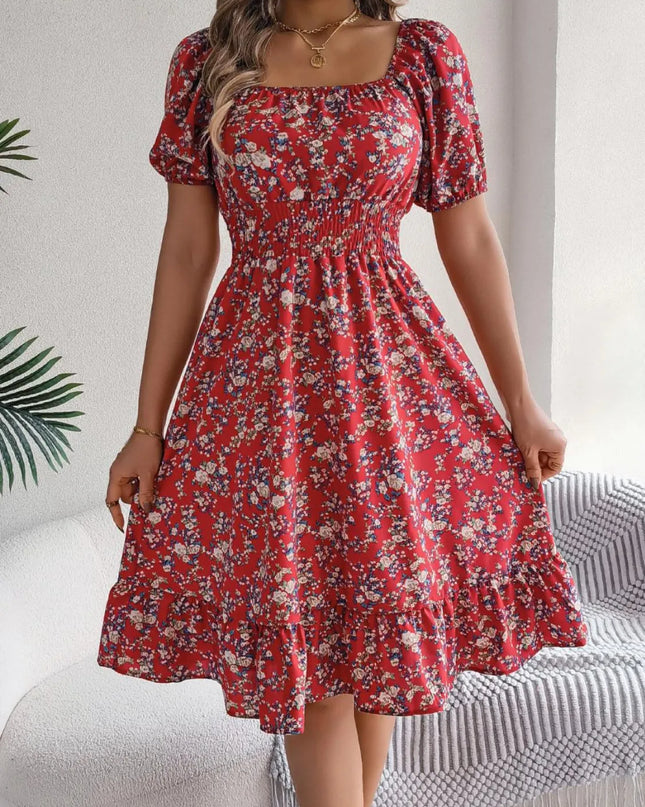 Ruffled Hem Floral Puff Sleeve Dress