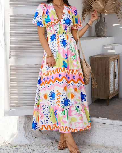 Devine Smocked Printed V-Neck Short Sleeve Maxi Dress