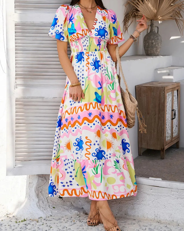 Devine Smocked Printed V-Neck Short Sleeve Maxi Dress
