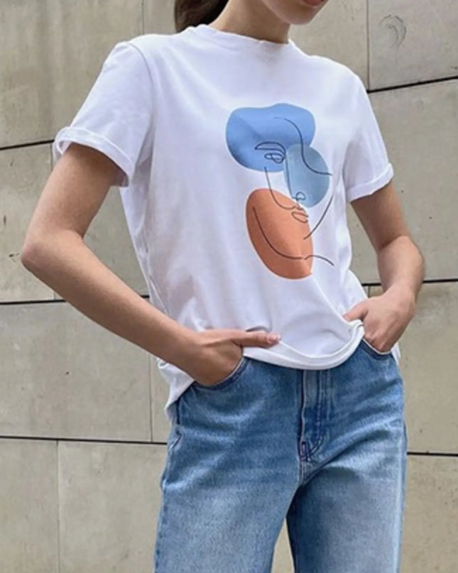 Abstract Face Graphic Casual Round Neck T-Shirt