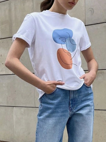 Abstract Face Graphic Casual Round Neck T-Shirt