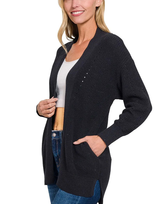 Zenana Eyelet Open Sweater Cardigan with Pockets BLACK
