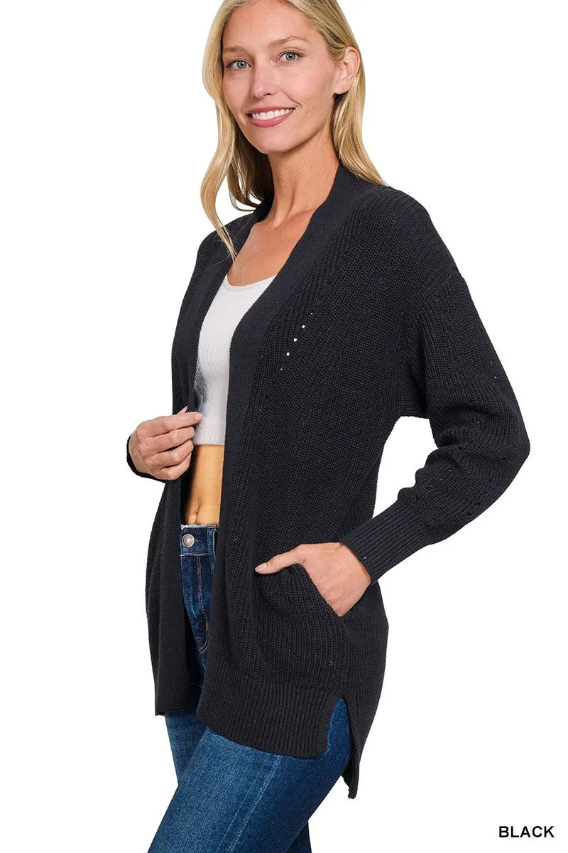 Zenana Eyelet Open Sweater Cardigan with Pockets BLACK