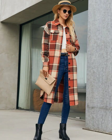 Plaid Pocketed Button Up Trench Coat 