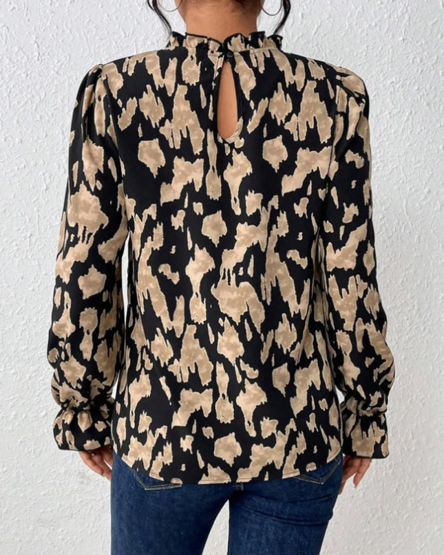 Frill Leopard Mock Neck Flounce Sleeve Blouse