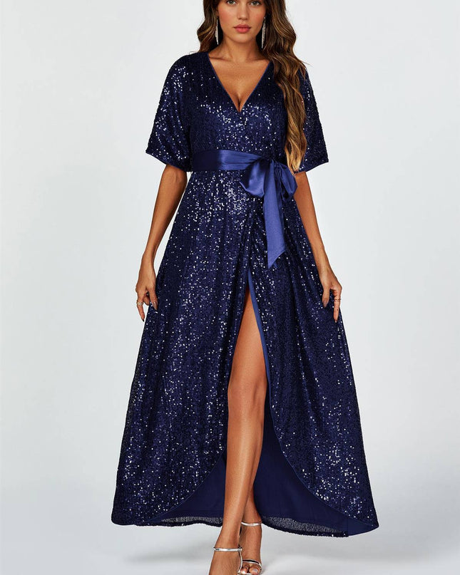 Wrap Style Sequin Maxi Dress in Navy