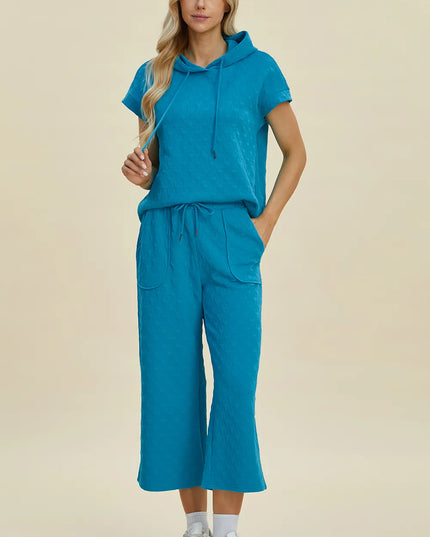 Double Take Full Size Texture Drawstring Short Sleeve Hoodie and Pocketed Pants Set