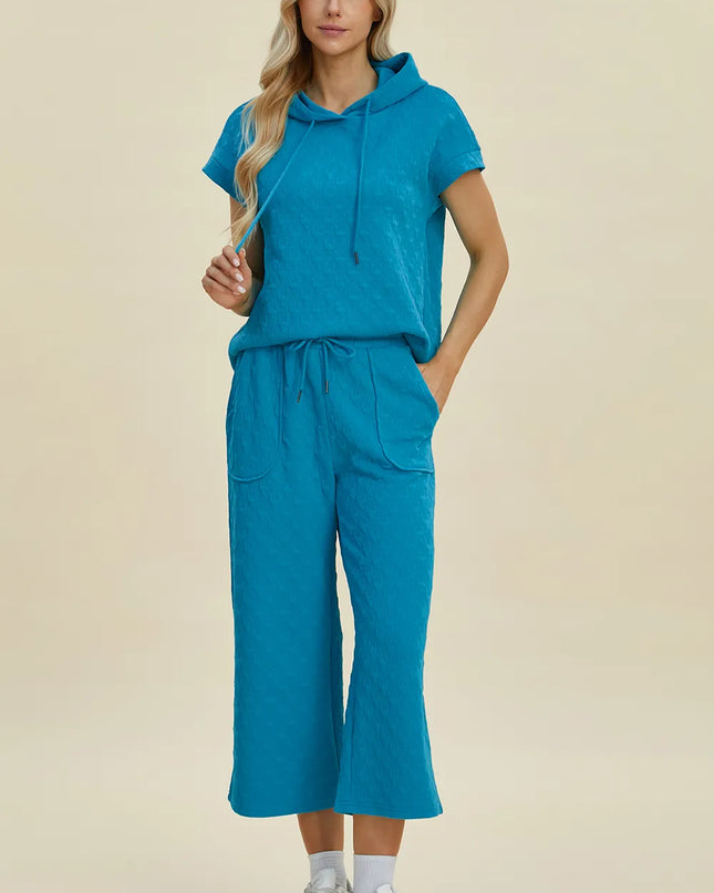 Double Take Full Size Texture Drawstring Short Sleeve Hoodie and Pocketed Pants Set