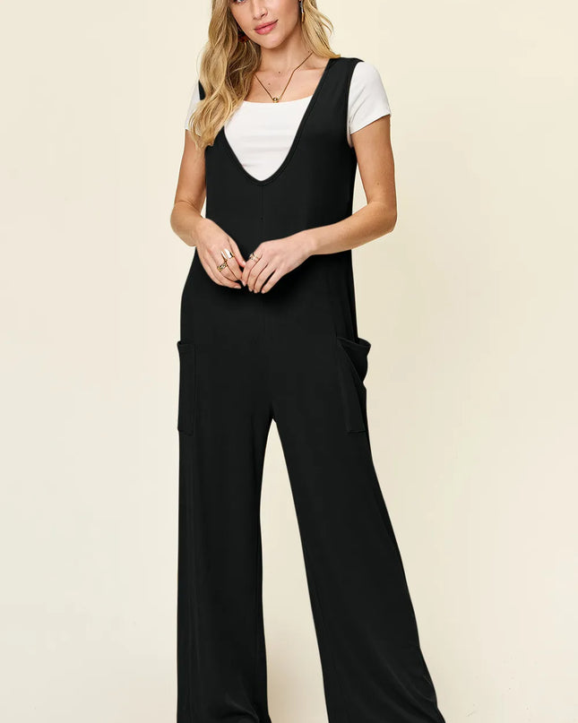 Double Take Full Size Sleeveless Wide Leg Jumpsuit with Pockets Black