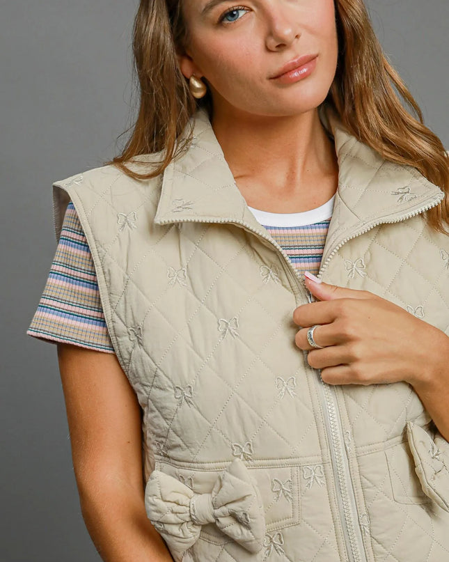 Umgee Sleeveless Quilted Vest with Bow Details