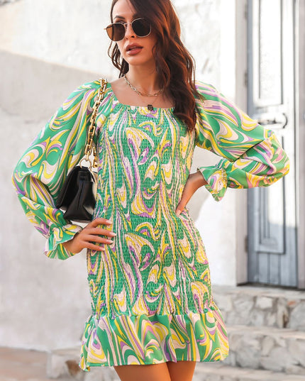 Abstract Print Square Neck Smocked Dress