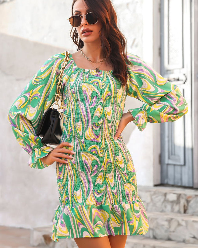 Abstract Print Square Neck Smocked Dress