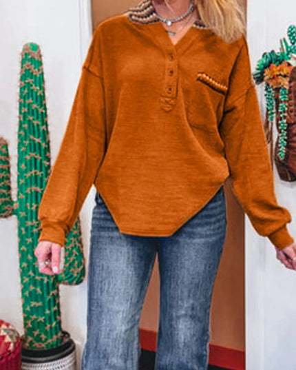 Contrast Plaid Hood Patchwork Chest Pocket Henley Top Terracotta