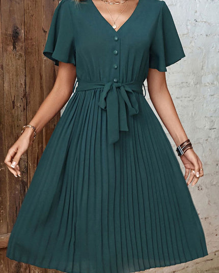 Perfee Buttoned V-Neck Flutter Sleeve Pleated Dress