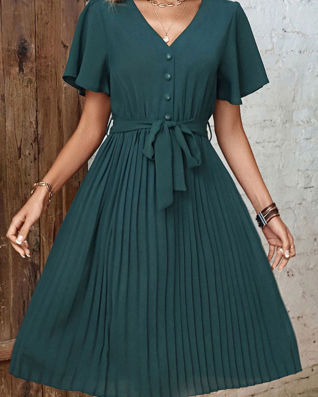 Perfee Buttoned V-Neck Flutter Sleeve Pleated Dress