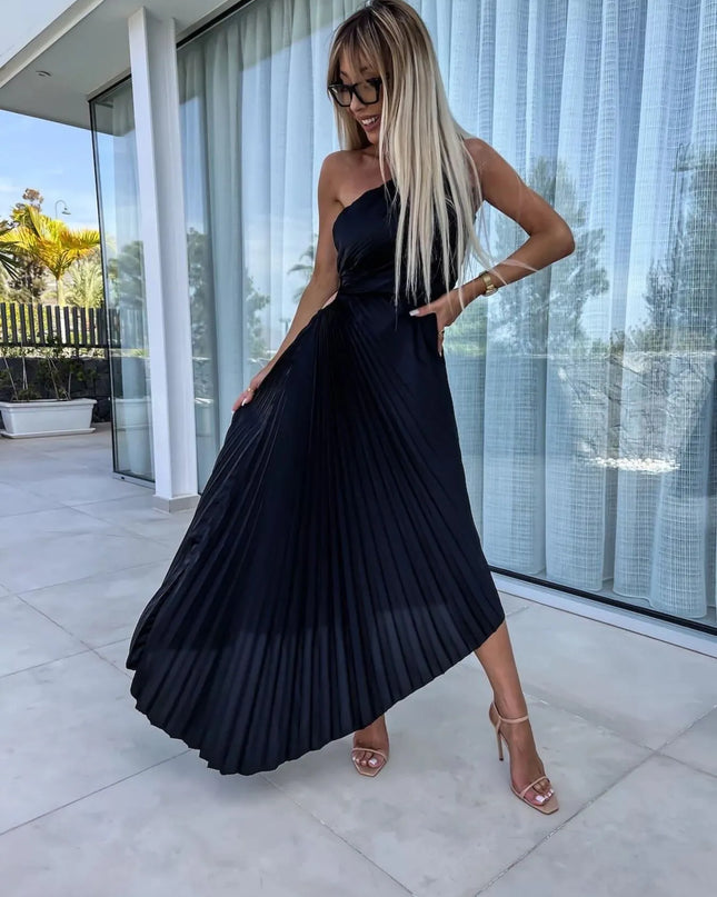 Full Size Single Shoulder Pleated Midi Dress Plus Size 