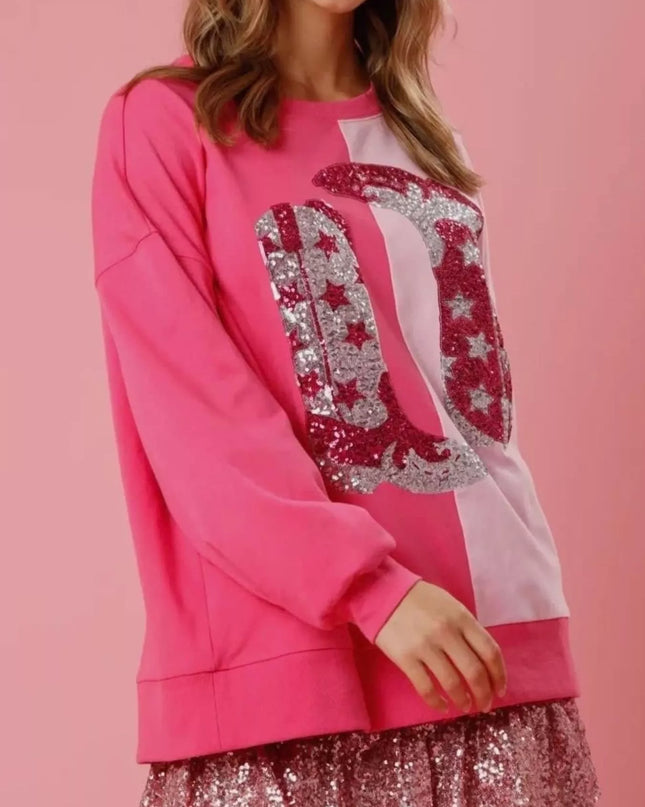 Sequin Boots Color Block Sweatshirt