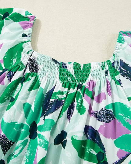 Floral Print Shirred Square Neck Loose Fit Mini Dress