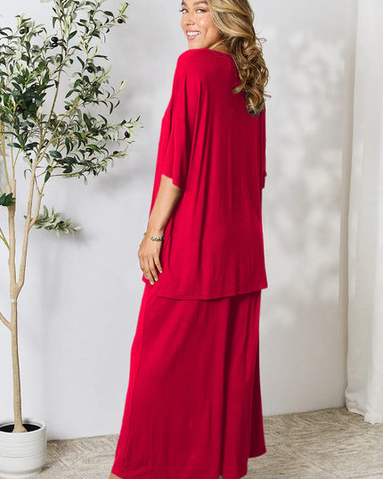 Double Take Full Size Round Neck Slit Top and Pants Set