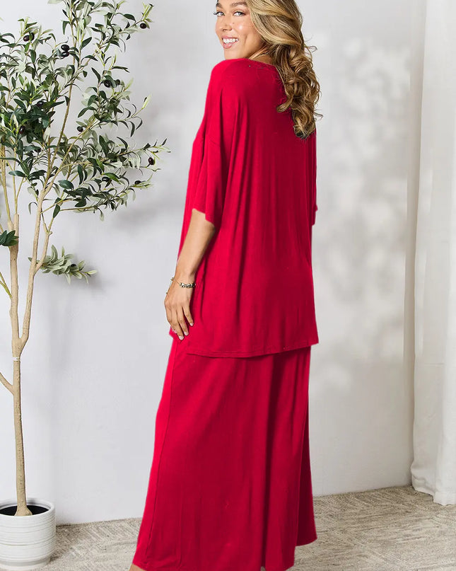 Double Take Full Size Round Neck Slit Top and Pants Set