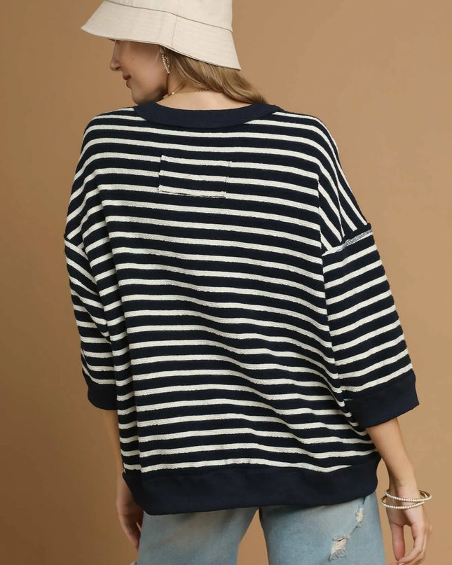Umgee Ribbed Hem Striped Oversized Knit Top