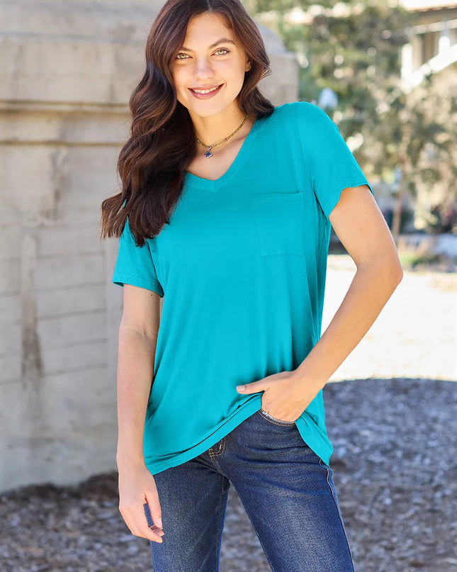 Basic Bae Full Size V-Neck Short Sleeve T-Shirt Sky Blue