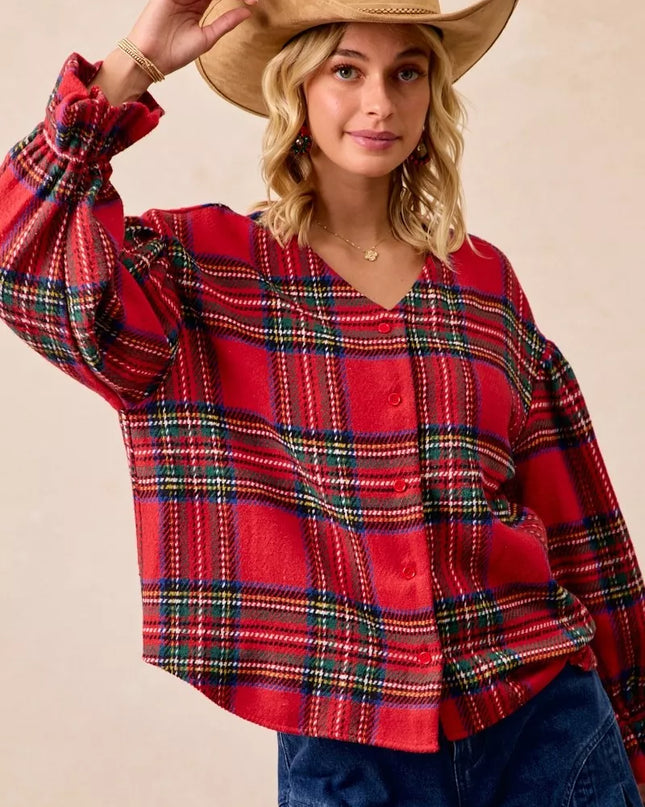 BiBi Christmas Plaid V-Neck Flounce Sleeve Jacket