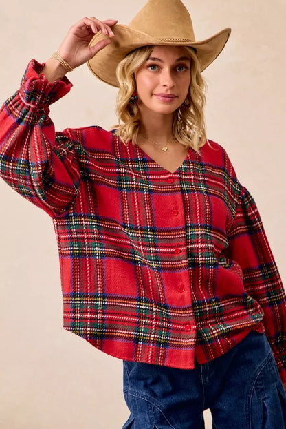 BiBi Christmas Plaid V-Neck Flounce Sleeve Jacket
